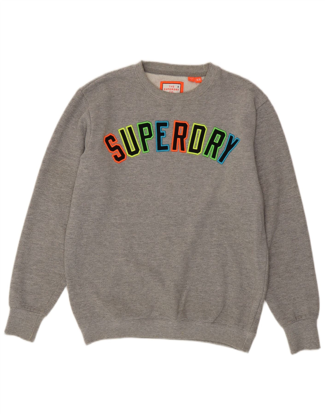 SUPERDRY masculino solto ajuste moletom gráfico jumper XS cinza algodão manchado
