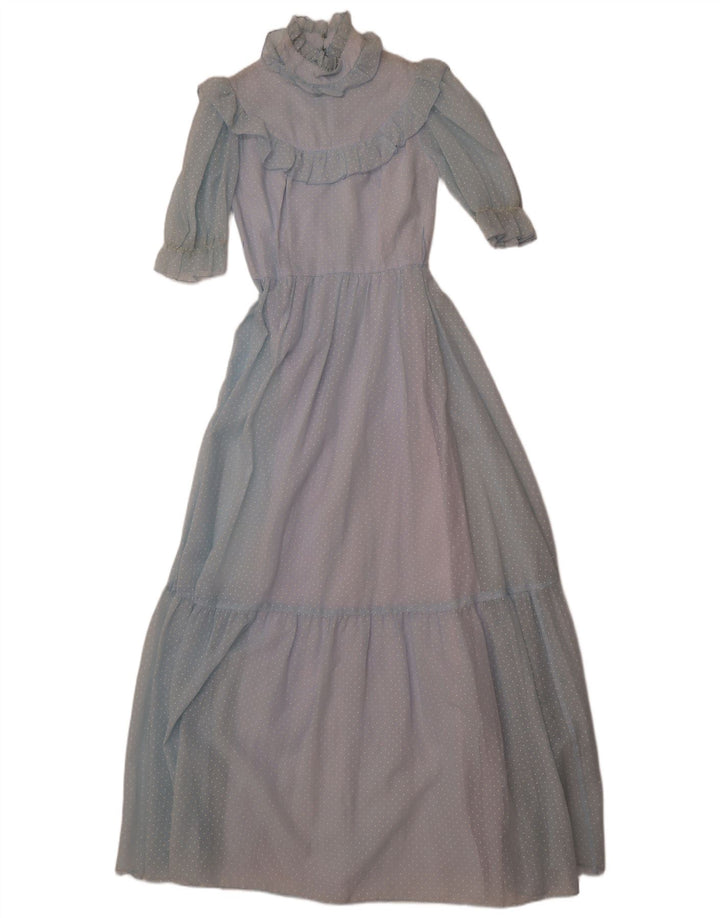 Vestido maxi feminino JOHN BENTLEY com babados na frente Reino Unido 12 médio azul manchado