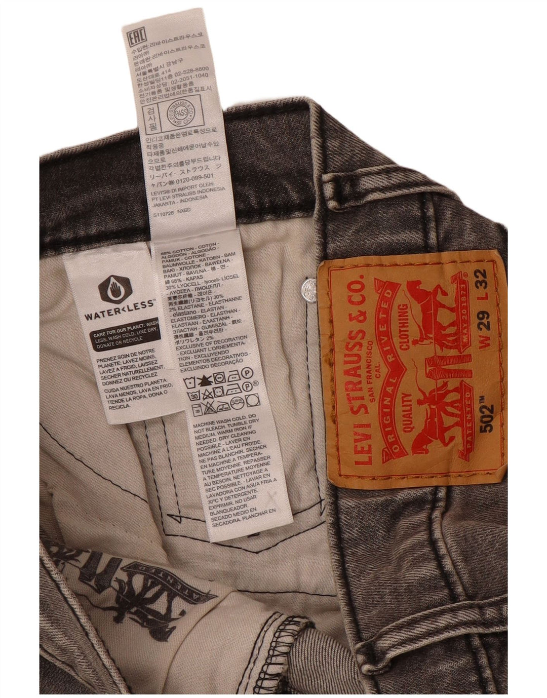 Calça jeans masculina Levi's 502 Tapered W29 L32 cinza algodão