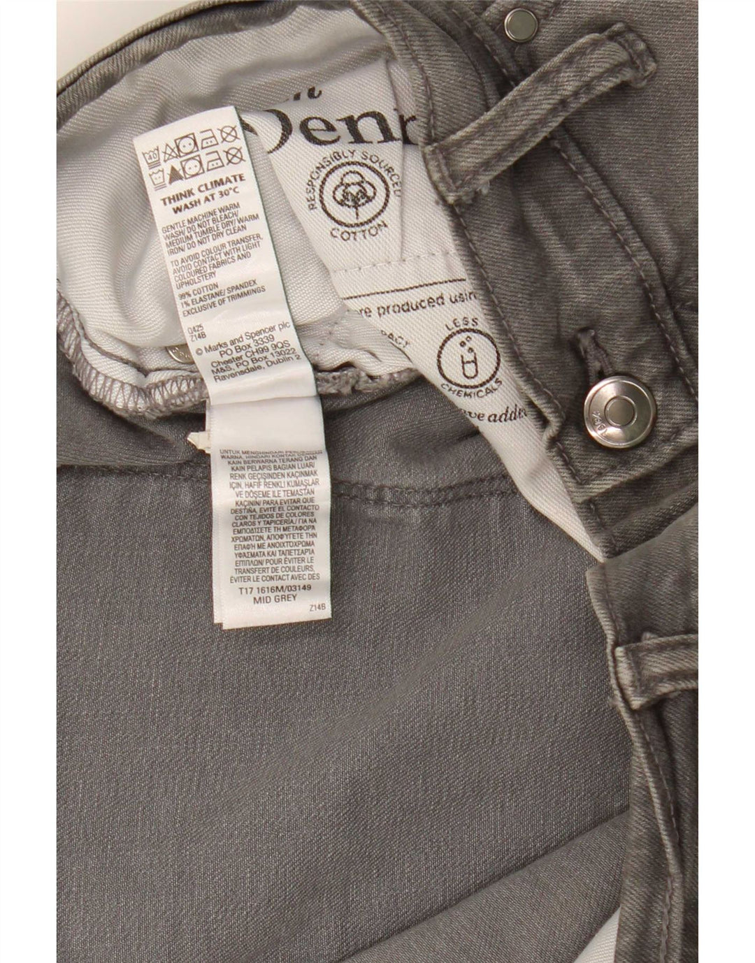 Calça jeans reta masculina de cintura média Marks & Spencer W38 L26 algodão cinza