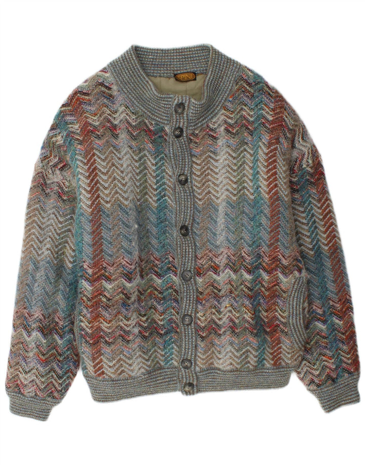 Jaqueta bomber de malha masculina vintage IT 50 grande lã Chevron multicolorida