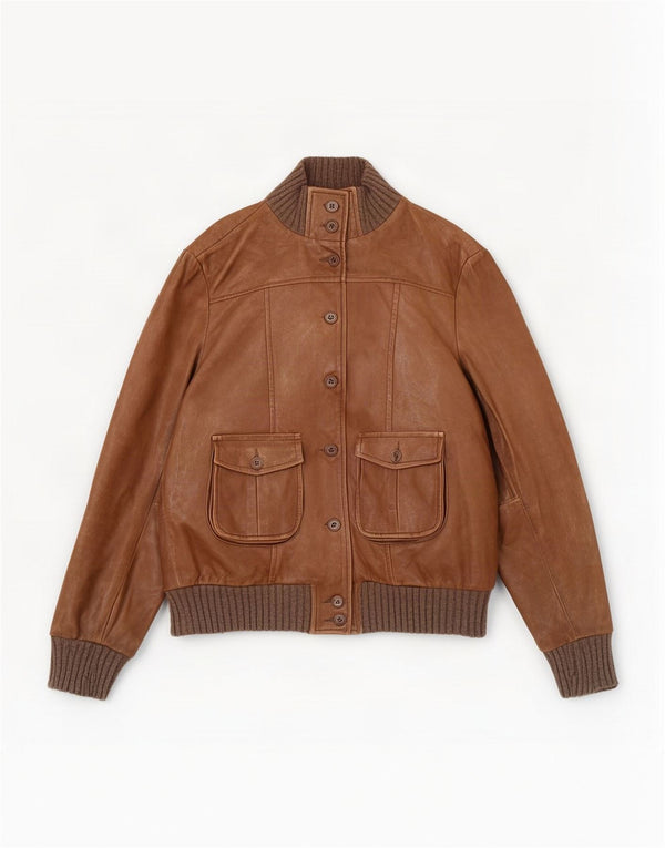 Jaqueta de couro feminina vintage UK 14 marrom médio