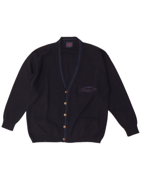 Suéter cardigã gráfico masculino vintage XL lã azul marinho