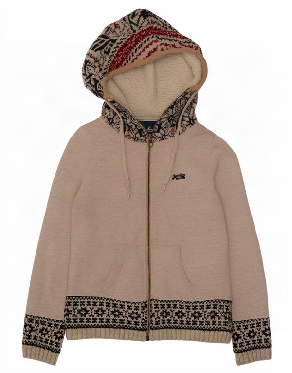 Suéter cardigã feminino com capuz Superdry UK 18 XL bege Fair Isle Acrílico