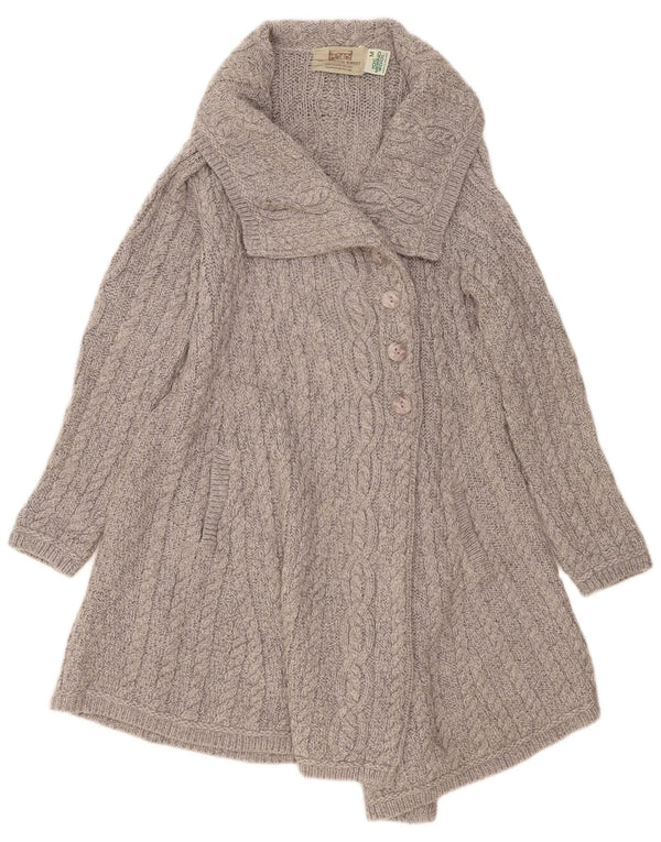 Suéter cardigã feminino com palangre Aran Crafts Reino Unido 12 lã merino cinza médio
