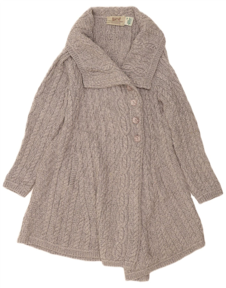Suéter cardigã feminino com palangre Aran Crafts Reino Unido 12 lã merino cinza médio