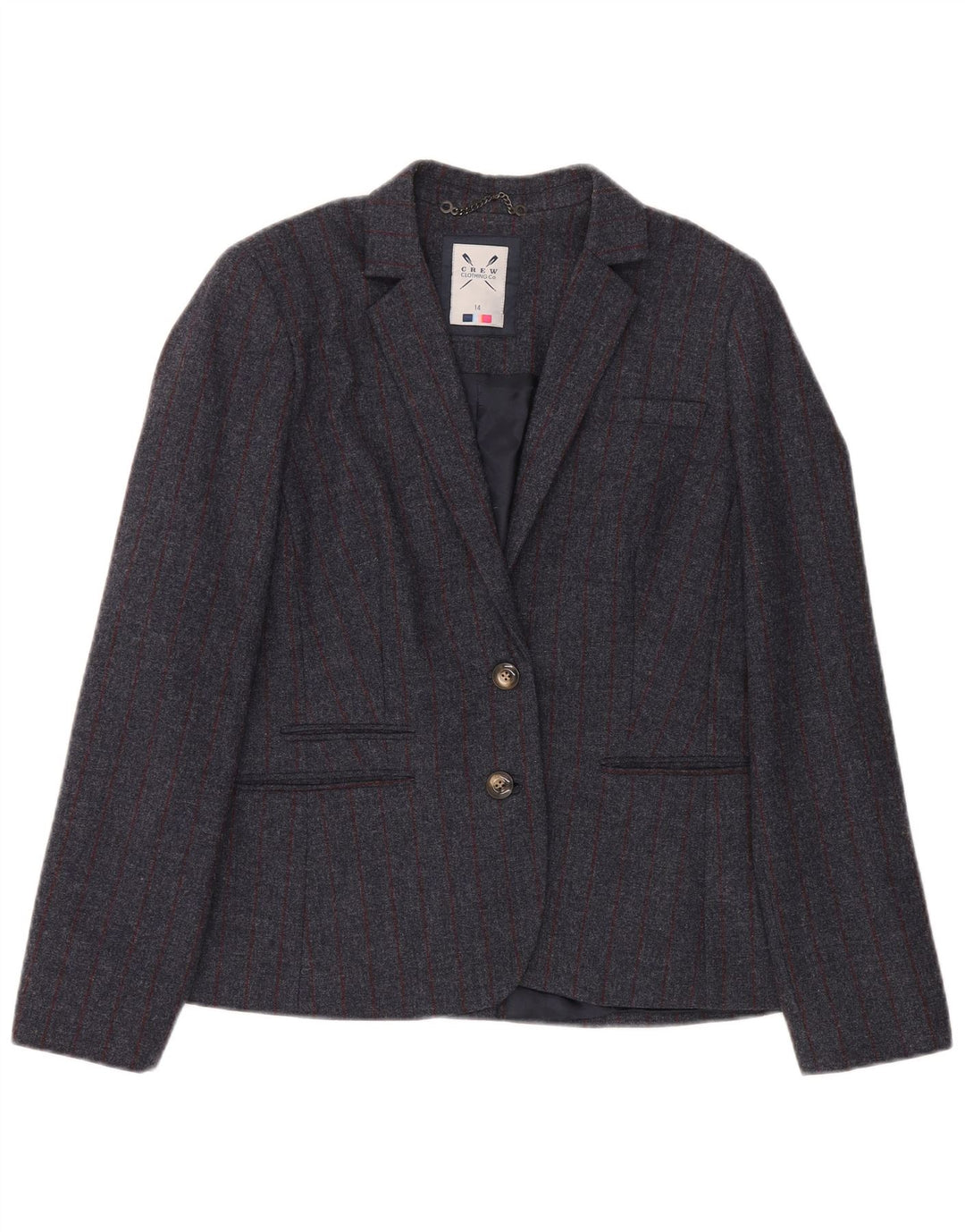 Jaqueta blazer feminina de 2 botões da Crew Clothing UK 14 grande cinza risca de giz lã