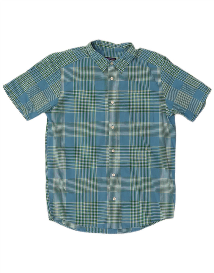 Camisa masculina de manga curta Patagonia algodão xadrez azul médio