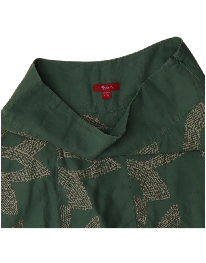 MONSOON Saia feminina cintura baixa evasê UK 10 pequena W32 algodão floral verde