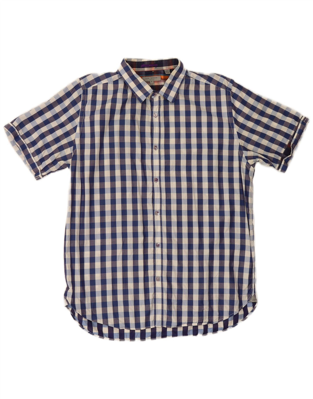 Camisa masculina de manga curta Ted Baker tamanho 5 XL azul marinho xadrez algodão