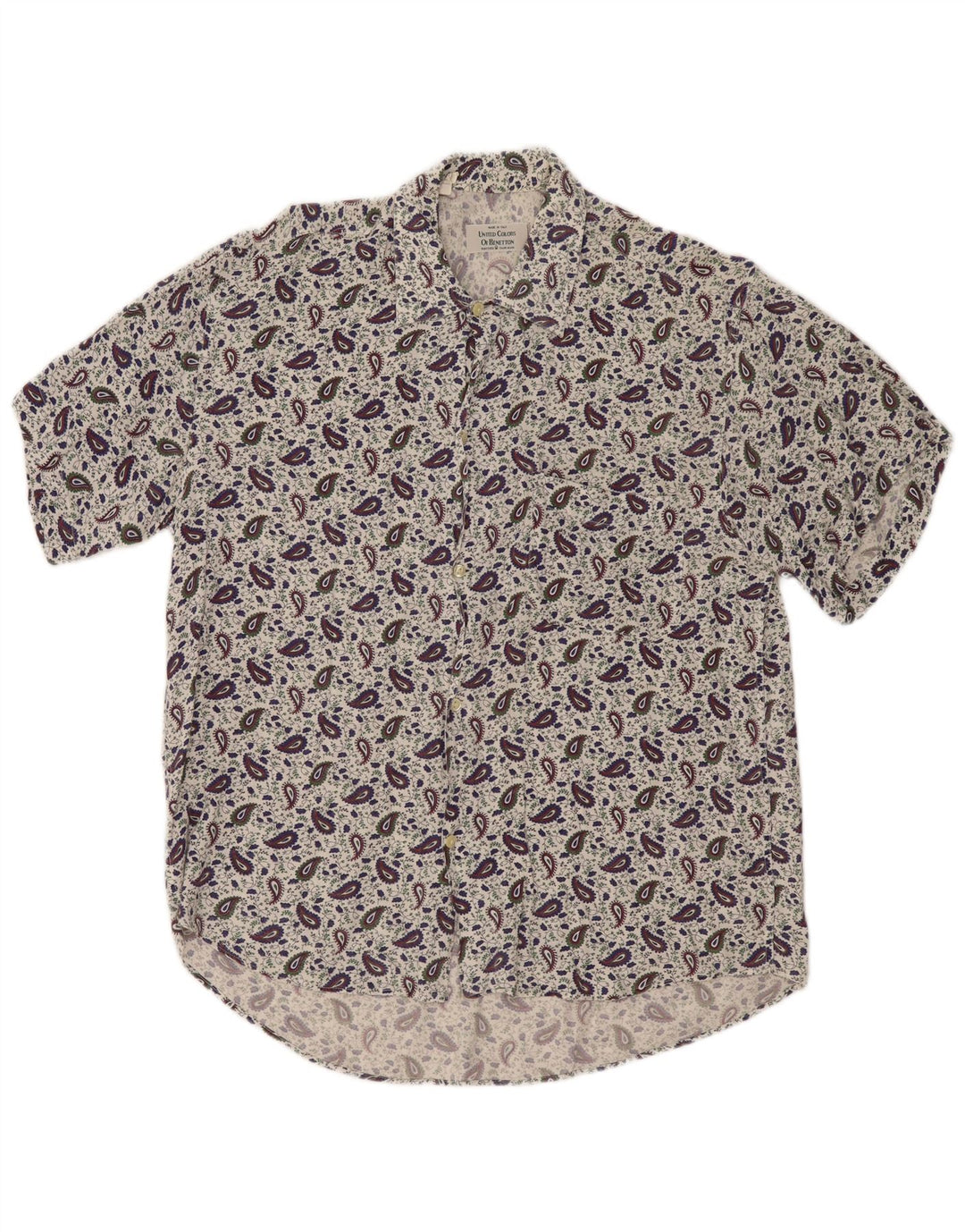 Camisa masculina de manga curta Benetton pequena branca paisley viscose