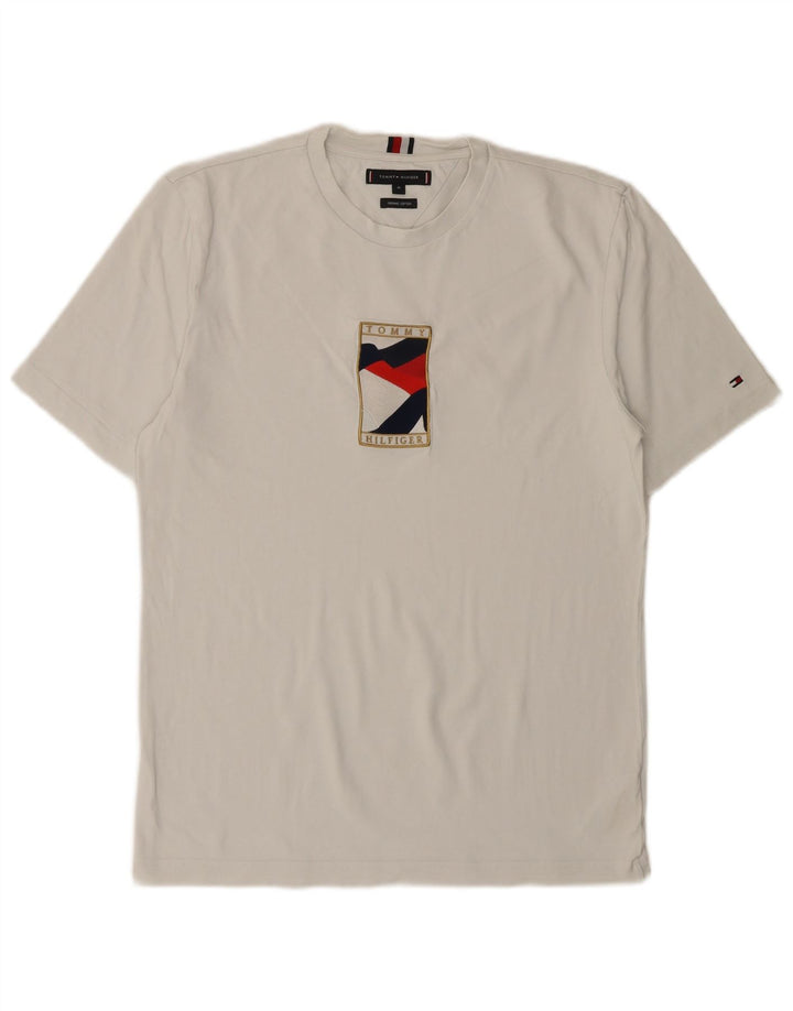 TOMMY HILFIGER Camiseta masculina gráfica Top médio algodão branco