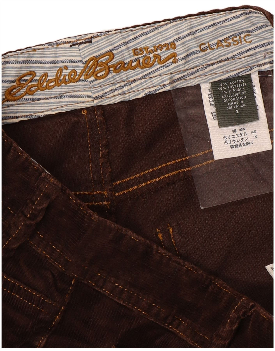 Calça feminina de veludo cotelê Eddie Bauer US 2 XS W30 L30 algodão marrom