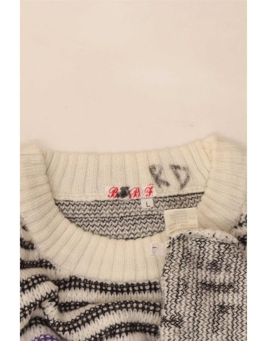 Suéter vintage masculino com gola redonda, grande lã geométrica branca