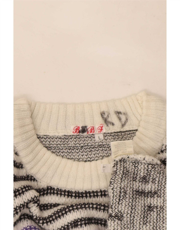 Suéter vintage masculino com gola redonda, grande lã geométrica branca