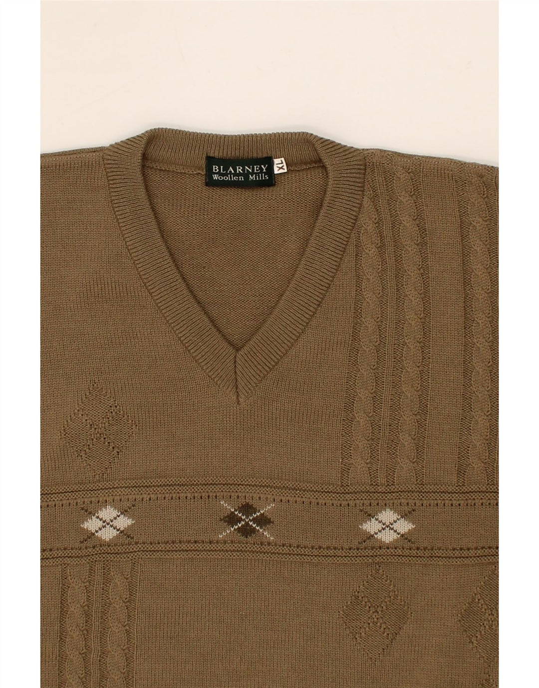 BLARNEY WOOLEN MILLS Mens V-Neck Jumper Sweater XL Beige Argyle/Diamond Vintage Blarney Woolen Mills and Second-Hand Blarney Woolen Mills from Messina Hembry 