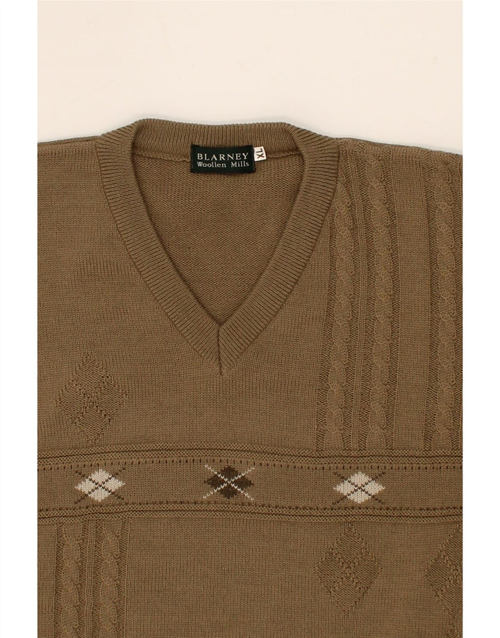 BLARNEY WOOLEN MILLS Mens V-Neck Jumper Sweater XL Beige Argyle/Diamond Vintage Blarney Woolen Mills and Second-Hand Blarney Woolen Mills from Messina Hembry 