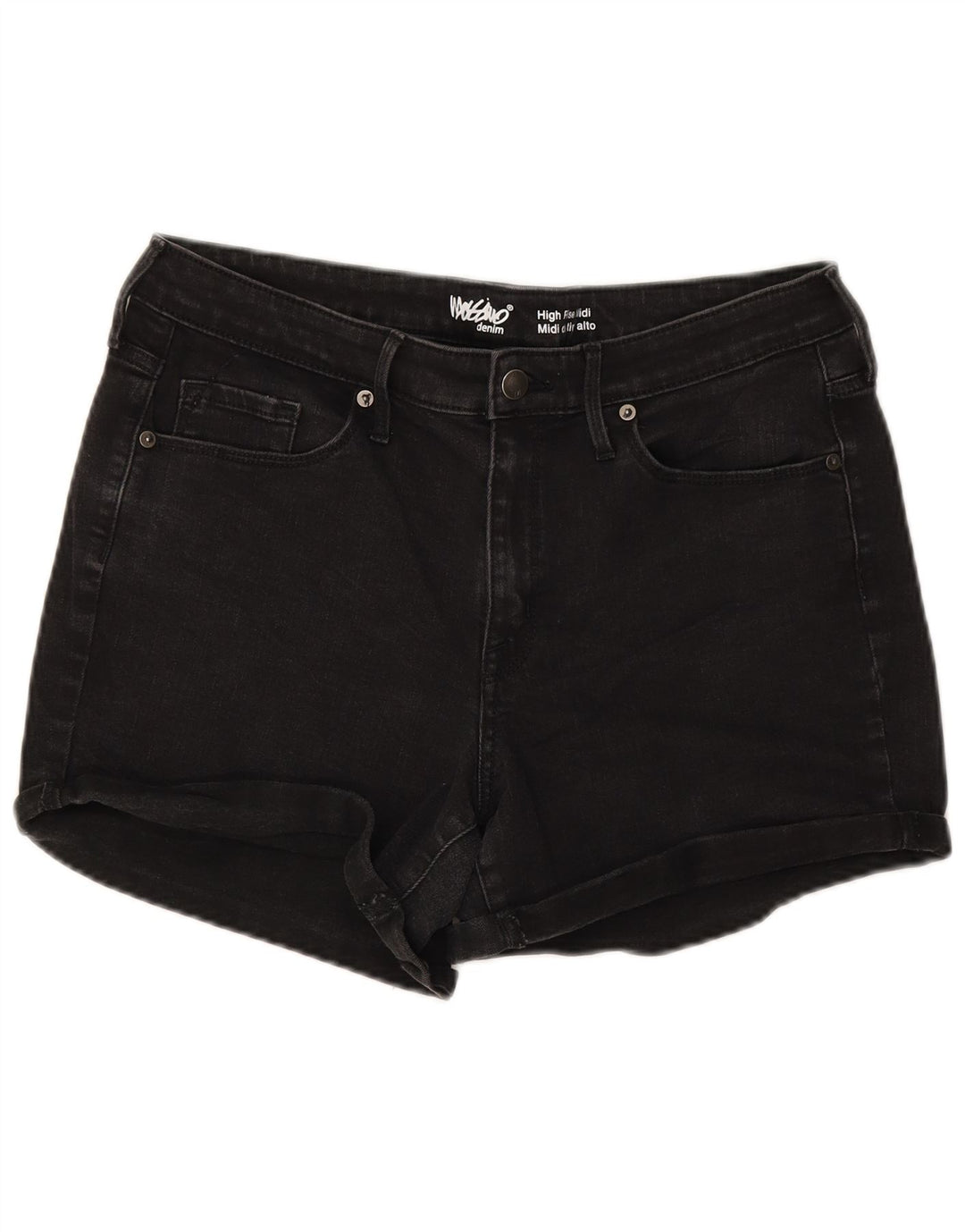 Shorts jeans feminino de cintura alta Mossimo EUA 14 grande W32 algodão preto