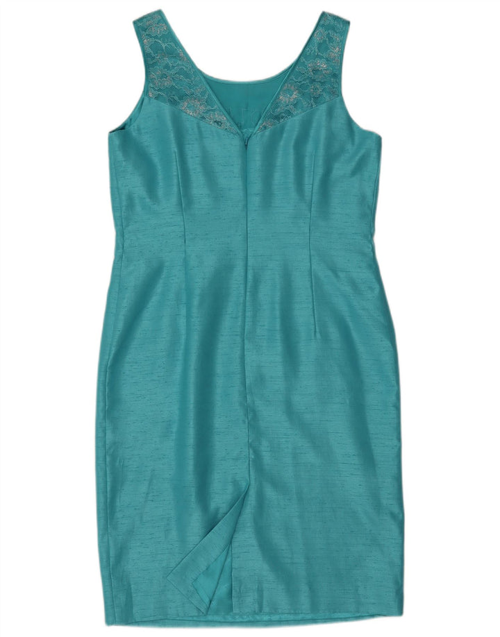 Vestido feminino Jacques Vert sem mangas com bainha UK 14 poliéster azul médio