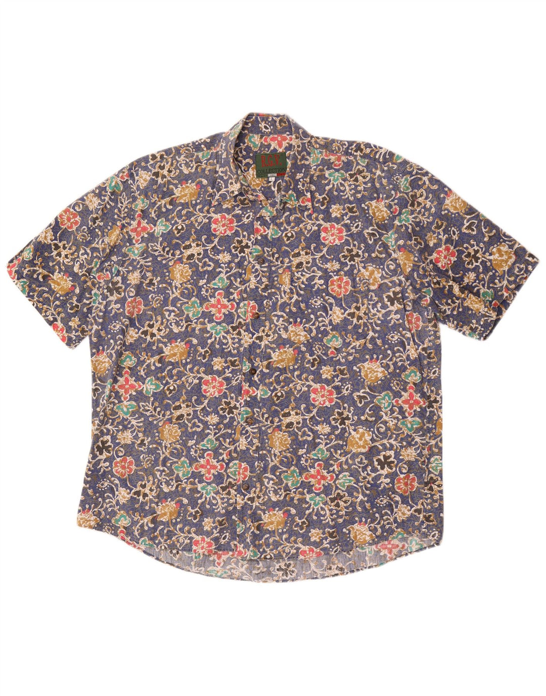 Camisa masculina vintage de manga curta grande azul floral