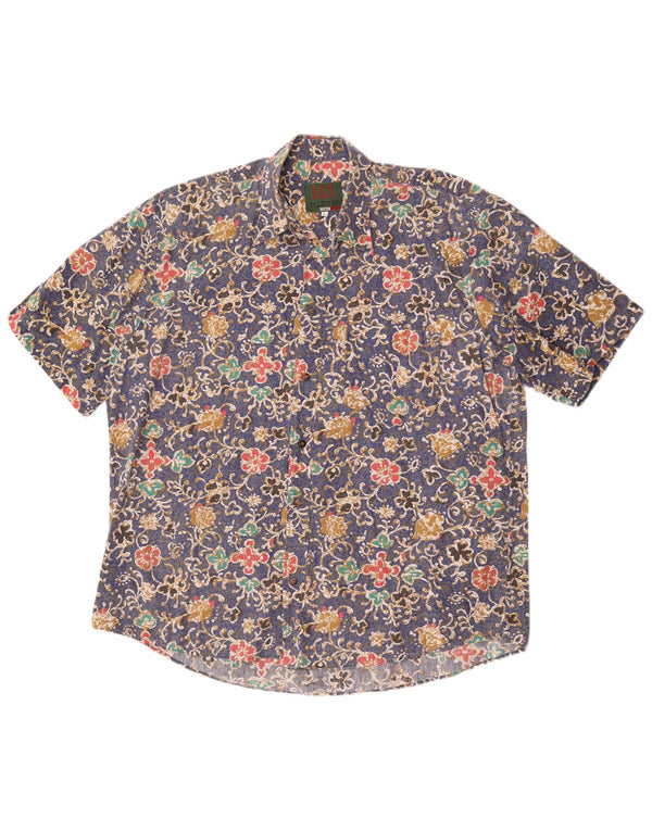 Vintage Mens Short Sleeve Shirt Large Blue Floral