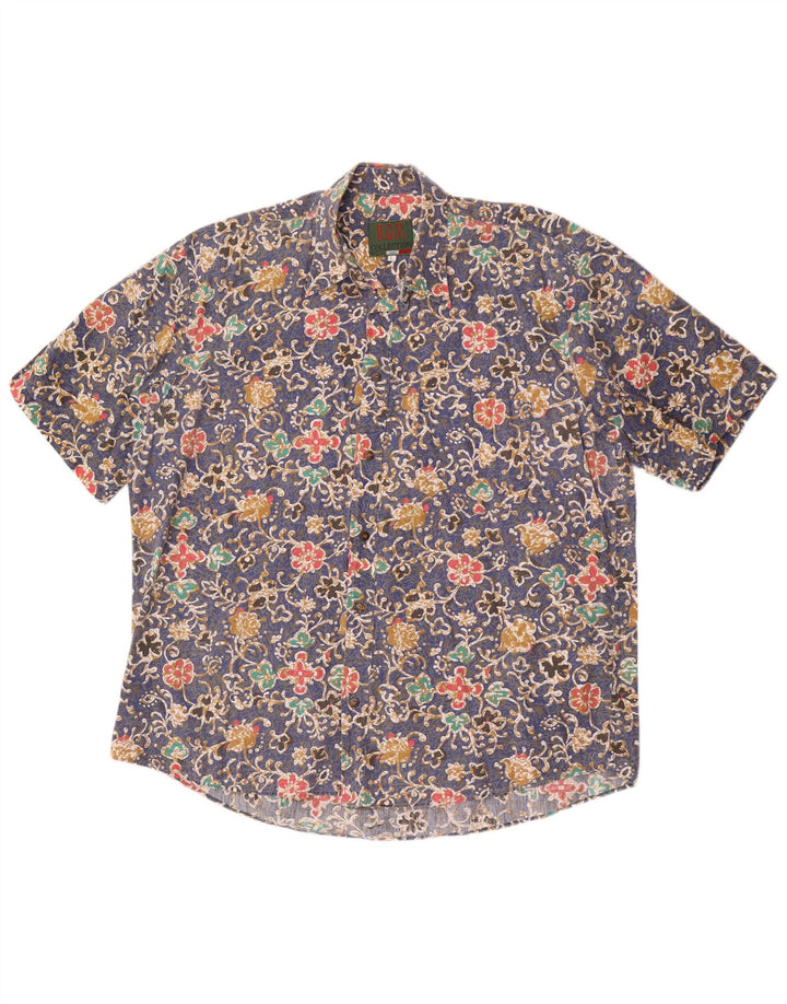Camisa masculina vintage de manga curta grande azul floral