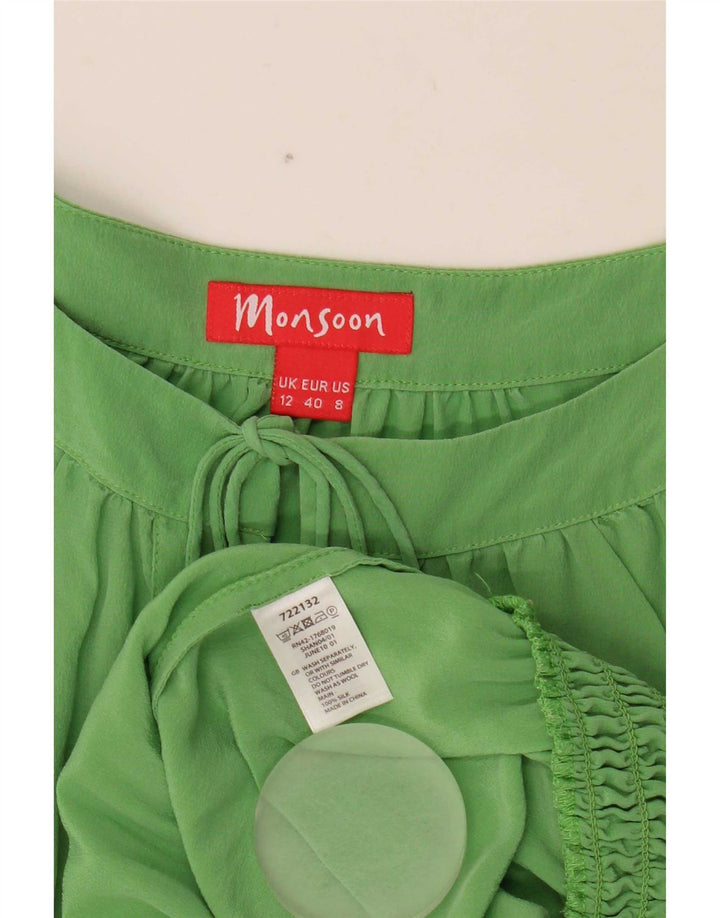 Blusa feminina Monsoon manga 3/4 Reino Unido 12 seda verde médio