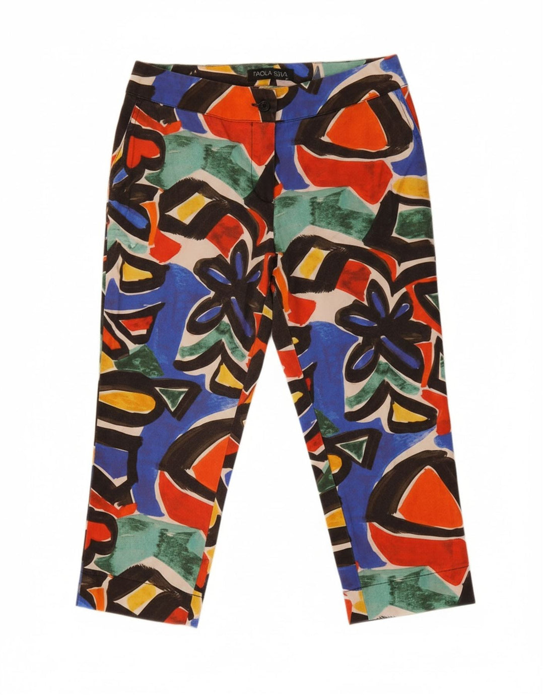 Calça capri feminina VINTAGE com padrão abstrato IT 44 médio W28 L19 vermelha