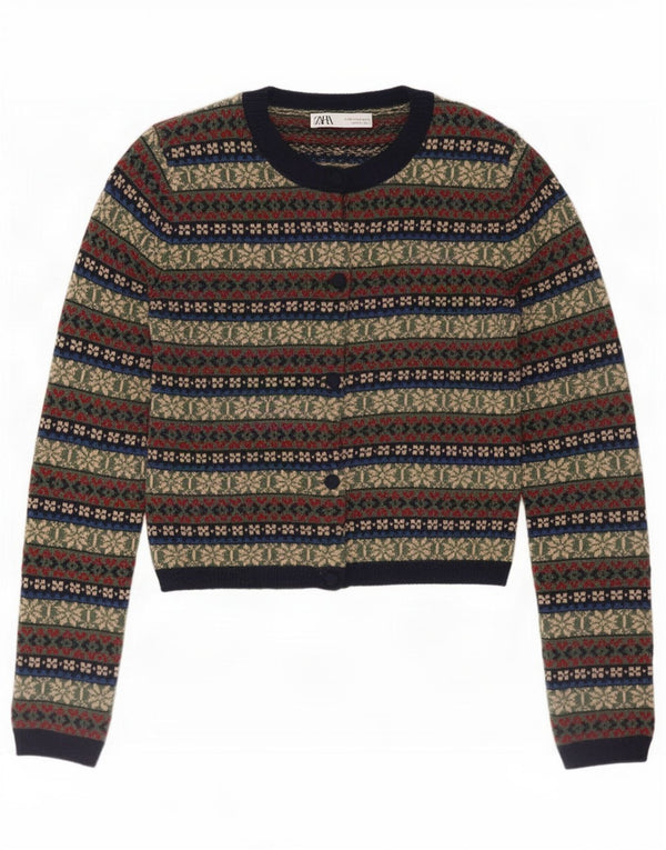 Suéter cardigã feminino Zara UK 10 pequeno multicolorido Fair Isle poliamida