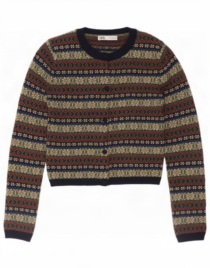 Suéter cardigã feminino Zara UK 10 pequeno multicolorido Fair Isle poliamida