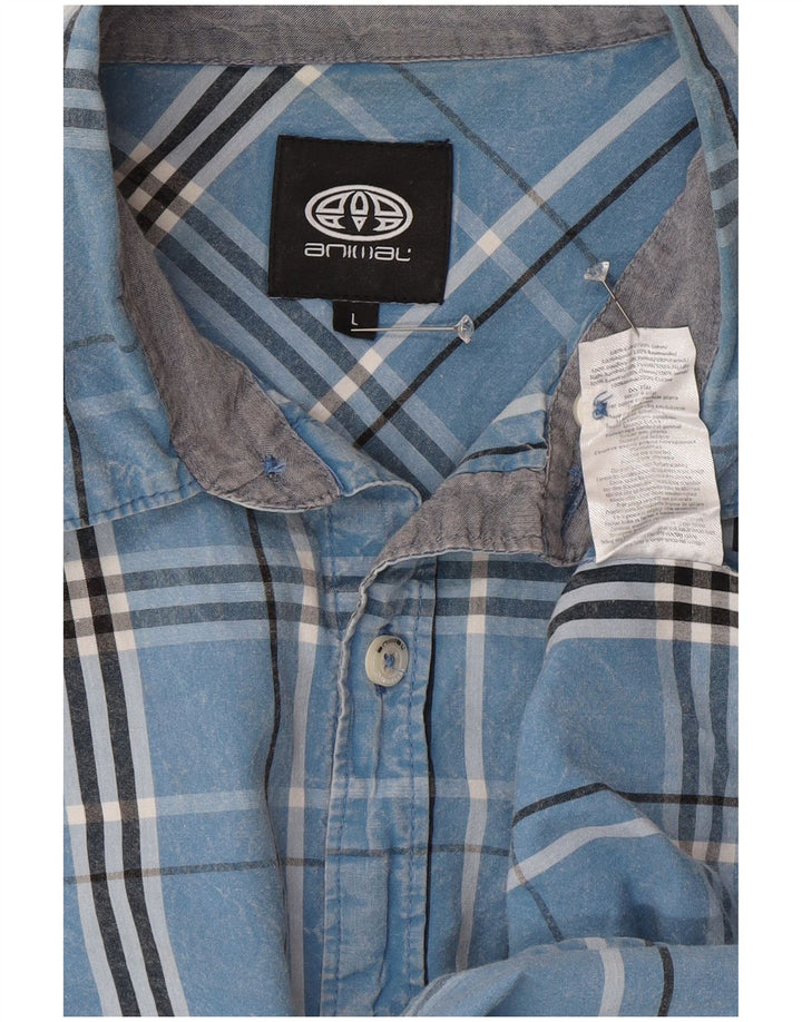 Animal Mens Camisa de manga curta grande algodão xadrez azul