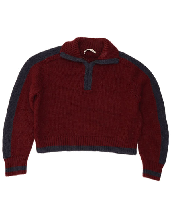 Zara Suéter feminino cropped com gola polo UK 10 pequeno bloco colorido Borgonha