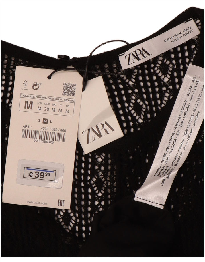 ZARA Vestido feminino de mangas curtas, Reino Unido 12, médio, preto, poliéster