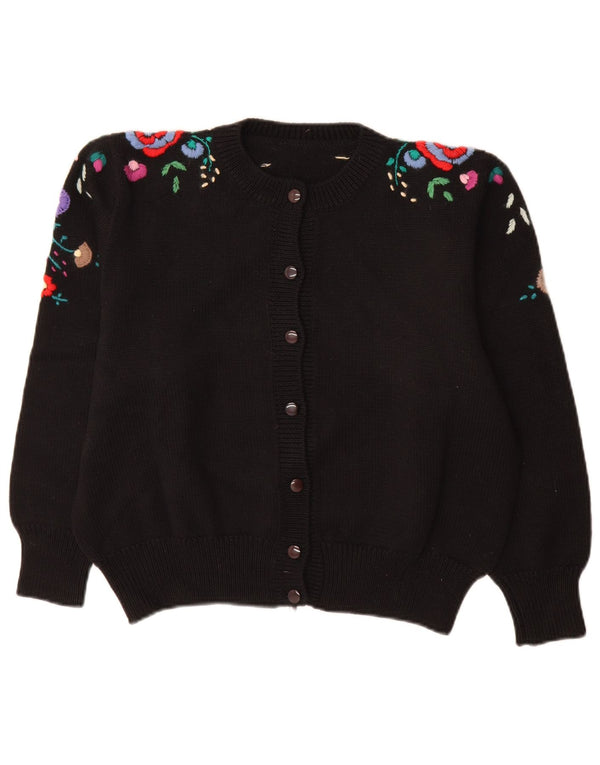 Suéter cardigã feminino vintage manga 3/4 Reino Unido 14 grande preto floral