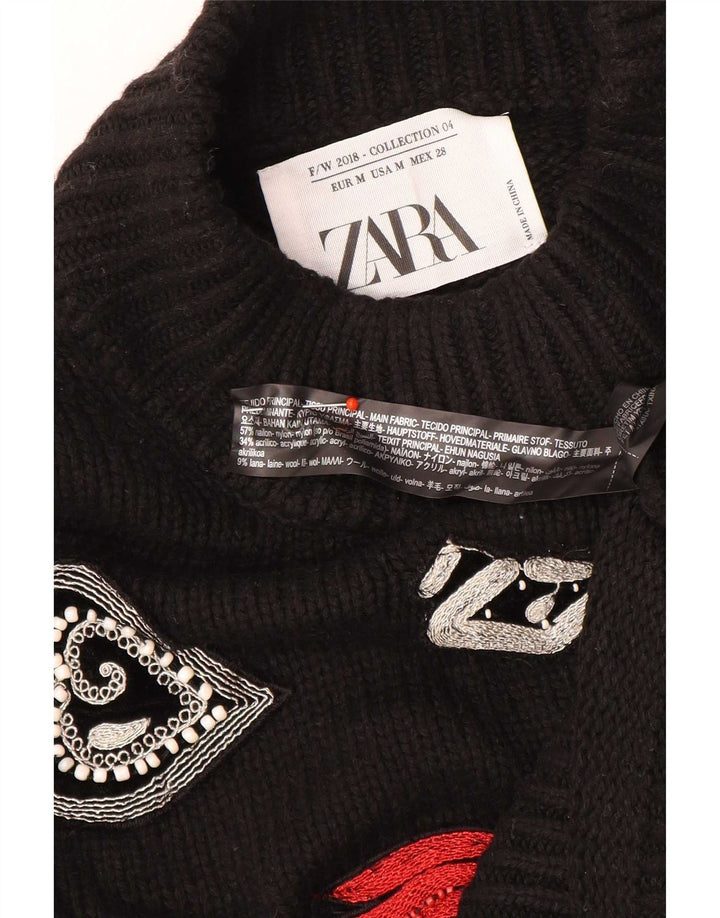 Suéter feminino Zara com gola tartaruga gráfica Reino Unido 12 médio preto