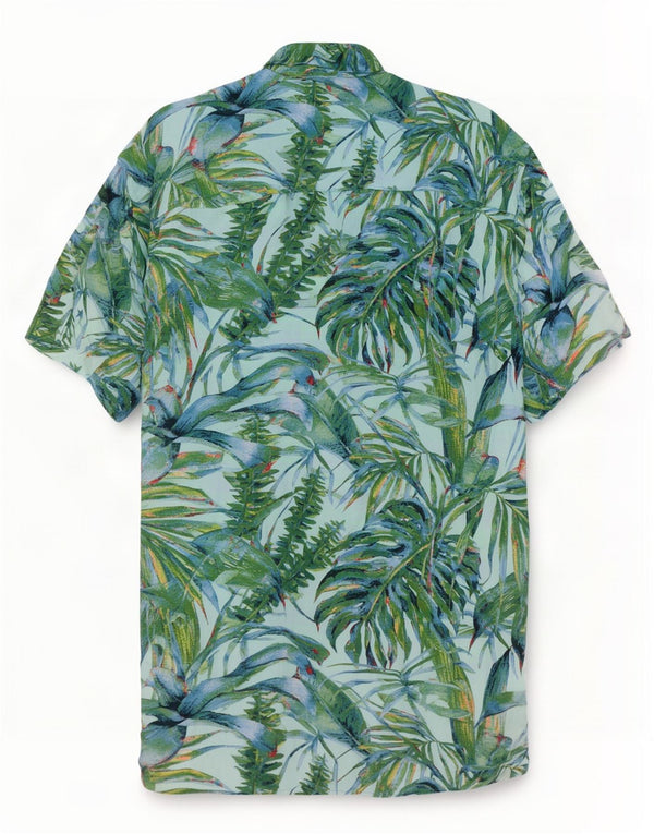 Camisa masculina havaiana vintage de manga curta média turquesa floral viscose