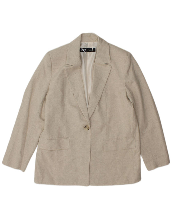 Jaqueta blazer feminina Zara com 1 botão Reino Unido 14 acetato espinha de peixe bege médio