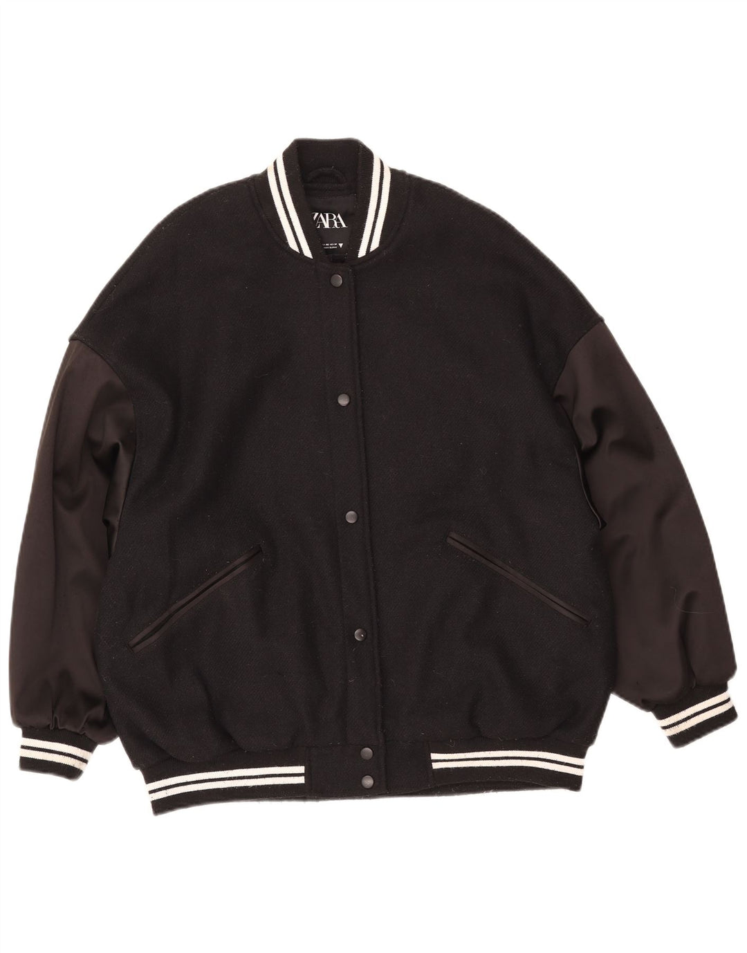 ZARA Jaqueta feminina oversized Varsity UK 6 XS preta colorblock lã