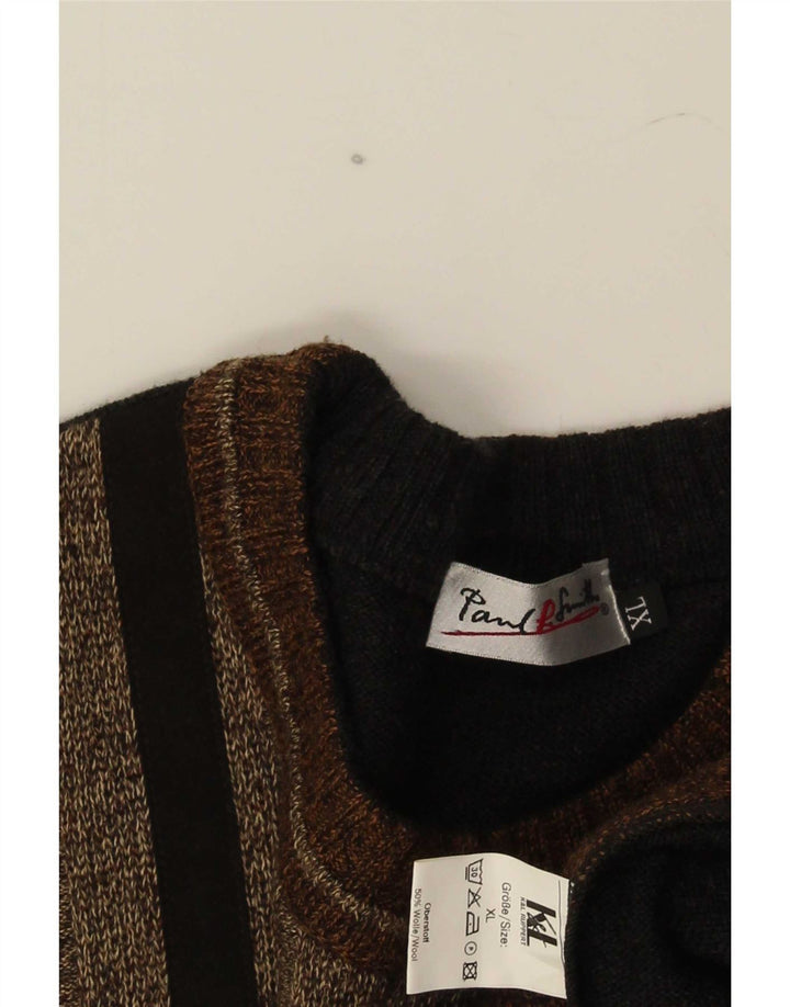 Suéter vintage masculino com gola redonda XL de lã colorblock multicolorida