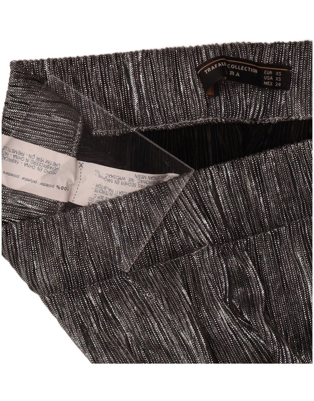 ZARA Calça capri feminina de perna larga XS W24 L20 poliéster prateado