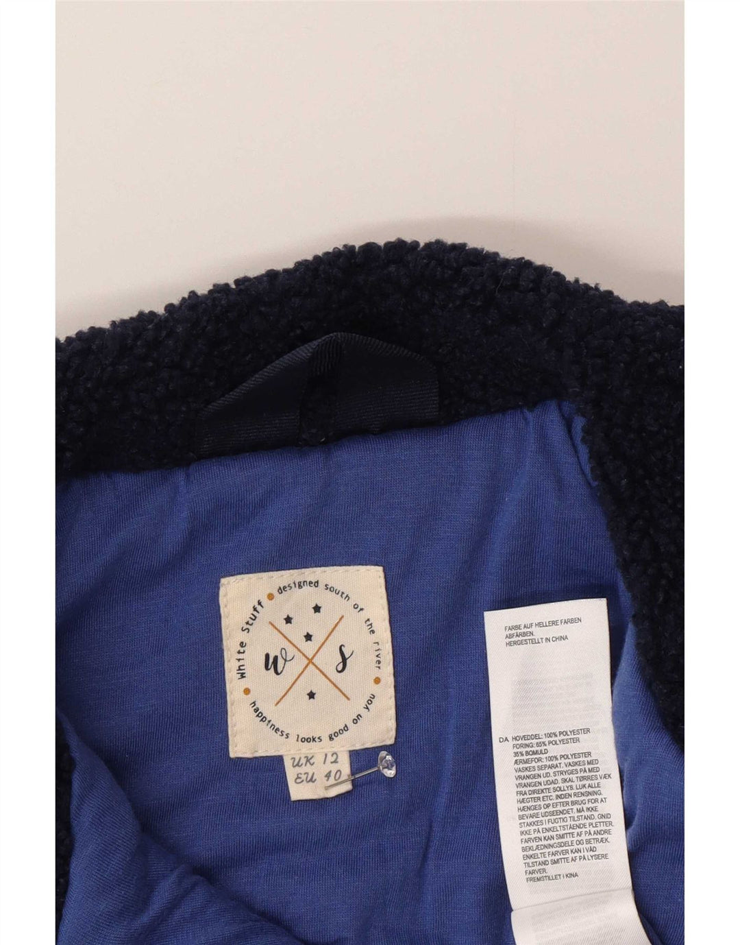 Jaqueta de lã feminina White Stuff UK 12 poliéster azul marinho médio