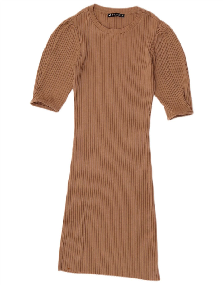 Vestido bodycon feminino Zara UK 8 pequeno poliéster bege