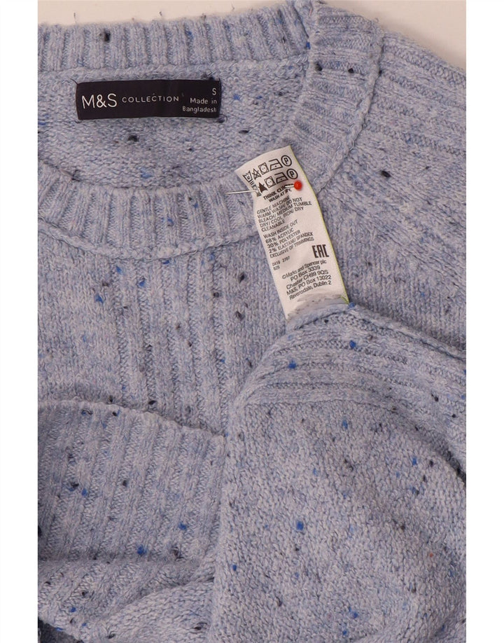 Suéter feminino Marks & Spencer com gola redonda Reino Unido 10 pequeno azul manchado