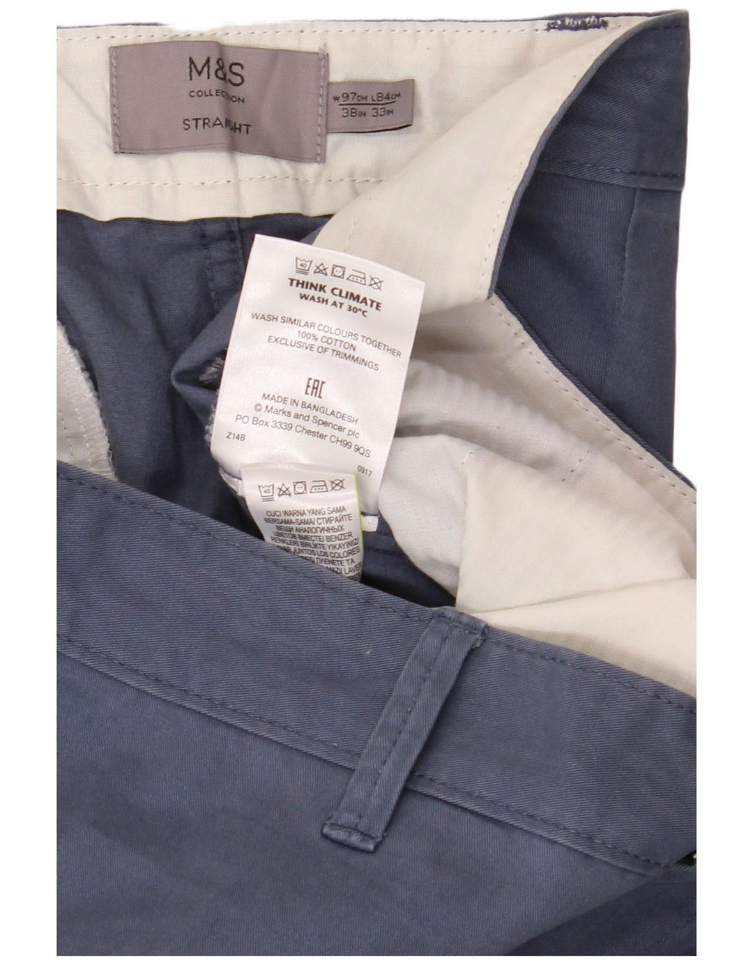 Calça chino reta masculina Marks & Spencer W38 L33 algodão azul