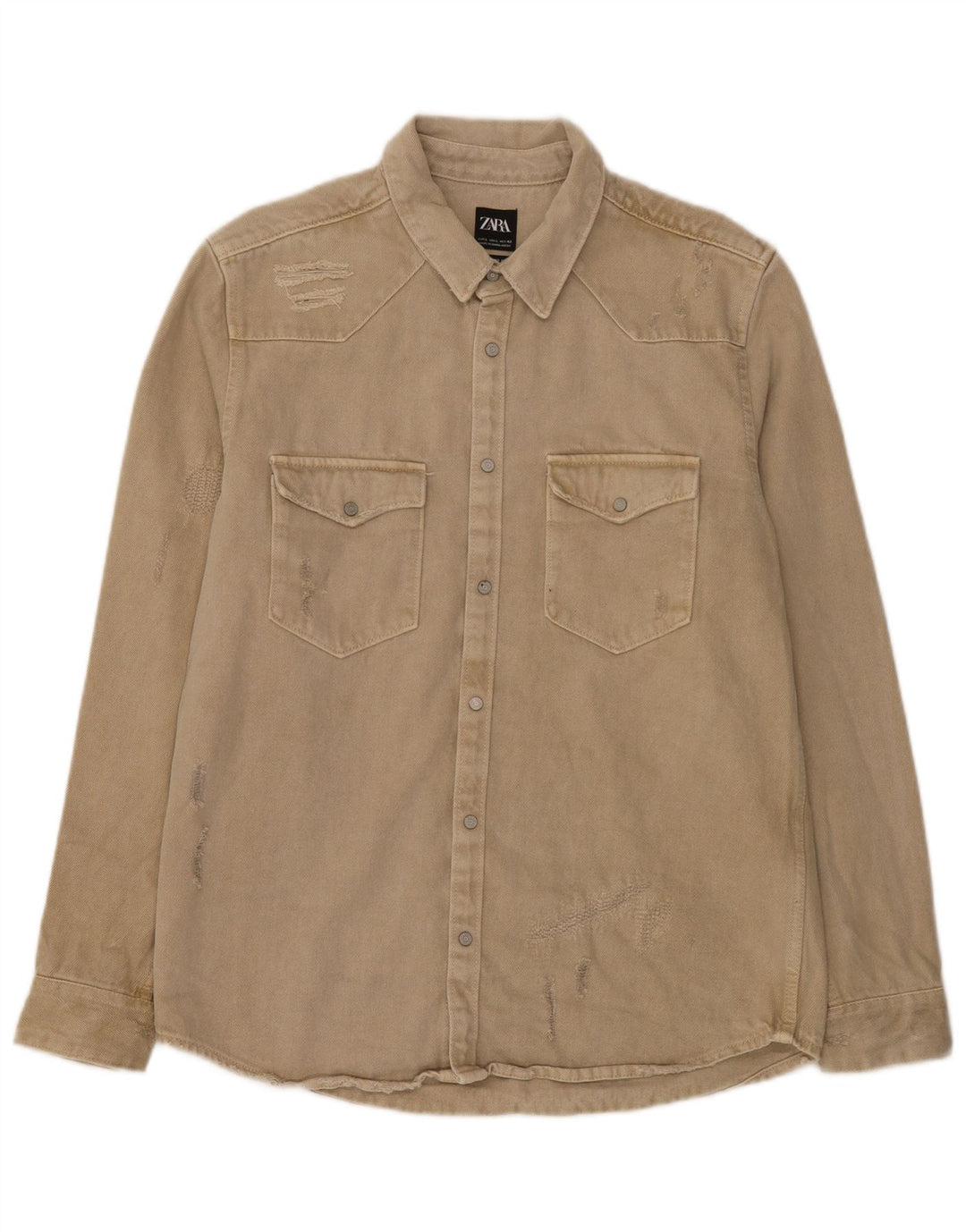 Camisa jeans masculina Zara com ajuste relaxado e desgastado grande algodão bege