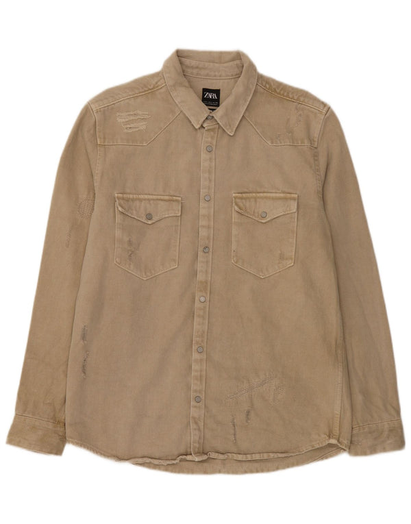 Camisa jeans masculina Zara com ajuste relaxado e desgastado grande algodão bege
