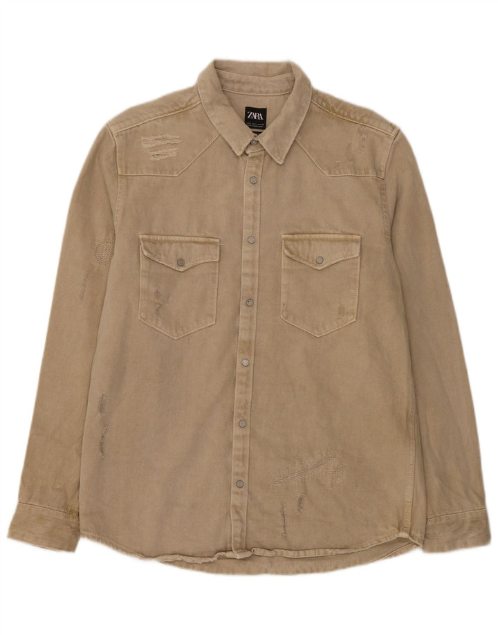 Camisa jeans masculina Zara com ajuste relaxado e desgastado grande algodão bege