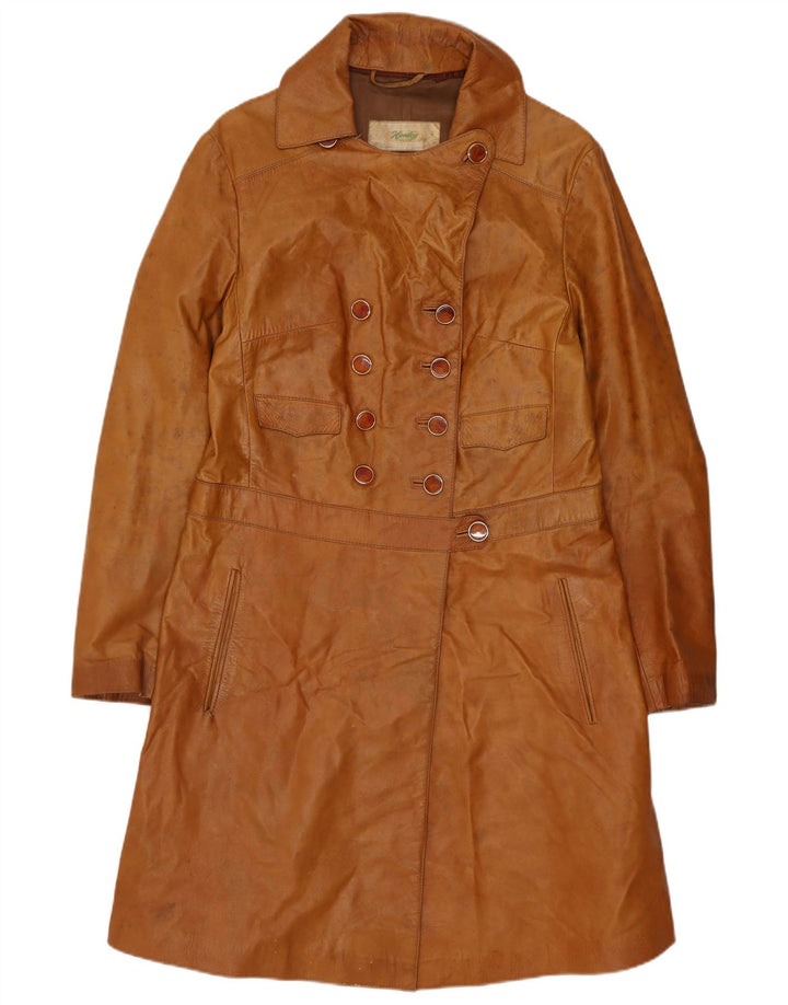 Casaco de couro feminino vintage UK 10 pequeno marrom