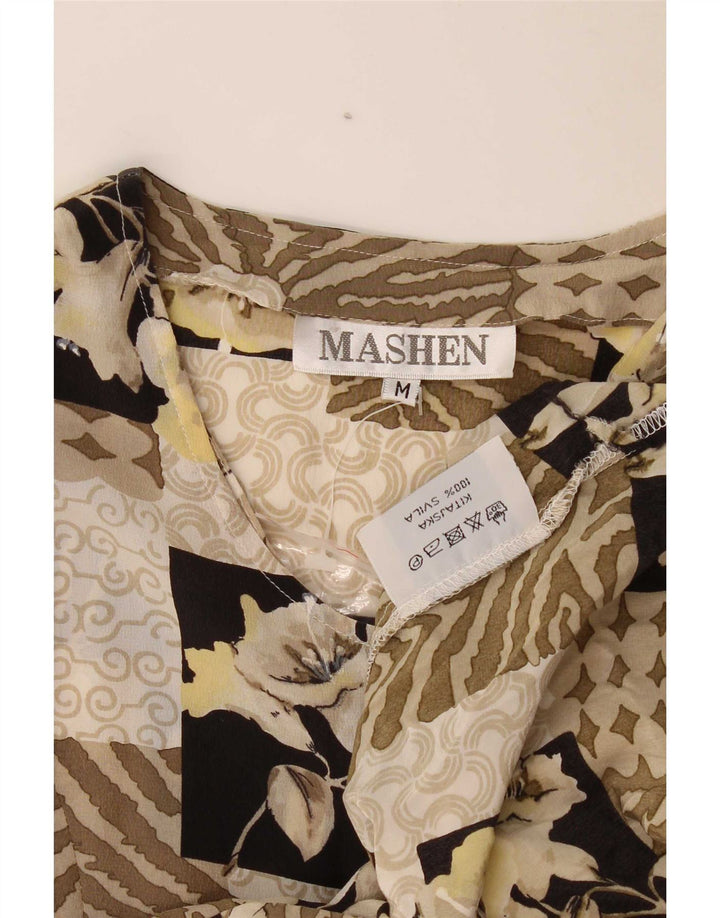 Vestido de chá feminino vintage Reino Unido 14 seda patchwork bege médio