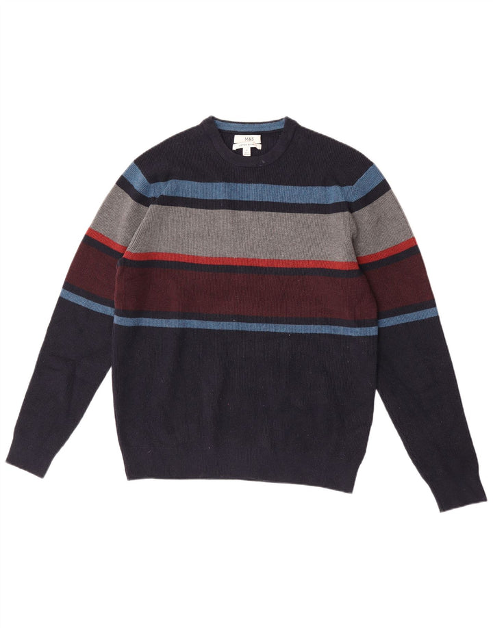 Suéter masculino Marks & Spencer com gola redonda, bloco colorido azul marinho médio
